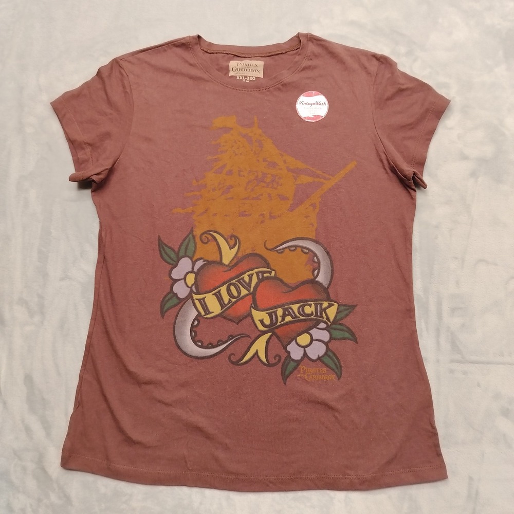 Pirates Of The Caribbean Shirt Womens XXL Brown I Love Jack Graphic Tee Disney